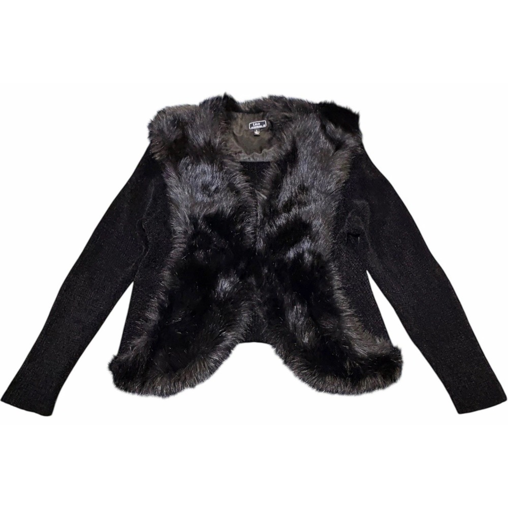 Vintage‎ Y2K Lisa International Black Faux Fur Cardigan Size L Mob Wife Winter